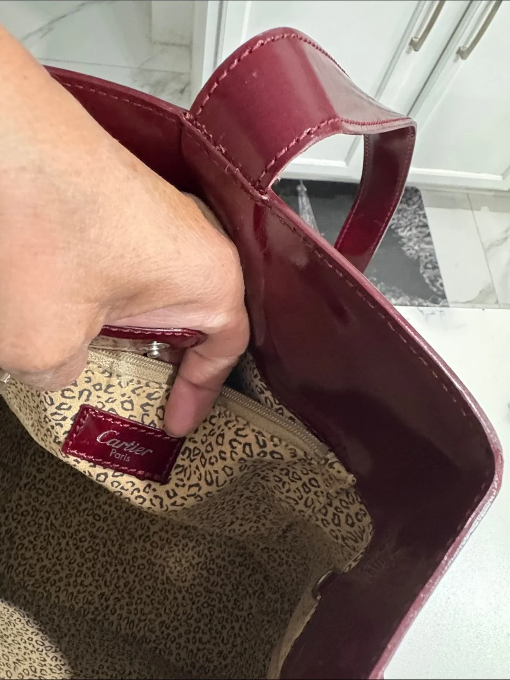 Cartier Panthere Glossy Wine Red Patent Tote with Silver C-Ring Accent